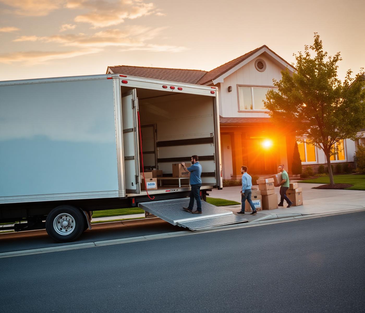 Boxed Movers team loading a truck at sunset