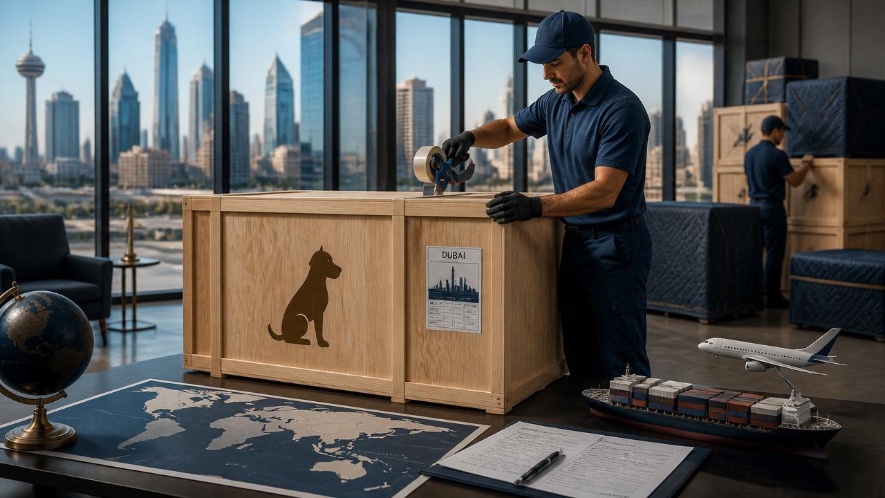 International corporate relocation with custom crate prepared for Dubai